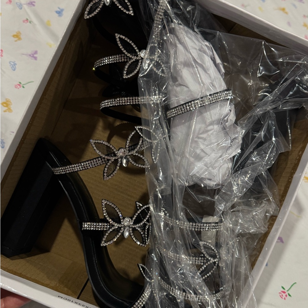 Elegant Black Heels with Rhinestoned Butterflies
